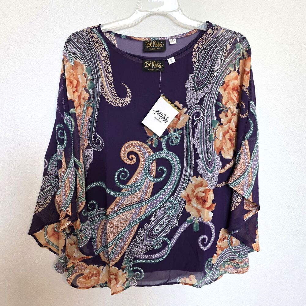 Bob Mackie Wearable Art Boat Neck Printed Caftan Top M Tank Twin Set Dolman